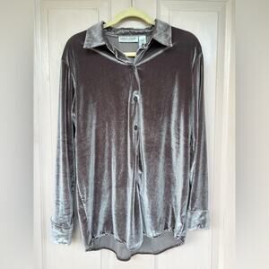 Vintage Carolyn Taylor Velour Button-Up Shirt M Brown Long Sleeve Shiny Blouse